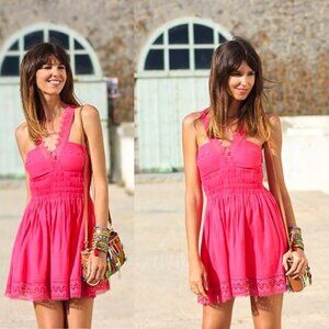 Charo Ruiz Ibiza Oda Crochet Floral Lace V-Neck Mini Dress Sleeveless Pink Large